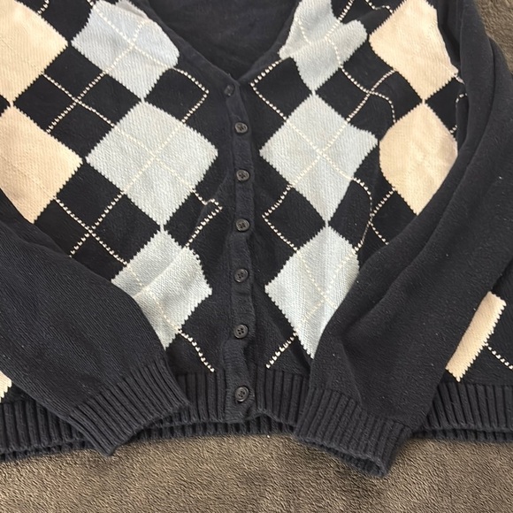 Brandy Melville Argyle Cardigan Sweater Knitwear Blue Black Pattern - Picture 3 of 4